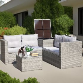 4 Piece Patio Sectional Wicker Rattan Outdoor Furniture Sofa Set with Storage Box Grey