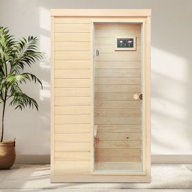 Hemlock Mini one person far infrared door on the Right of the indoor sauna room