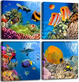 Bathroom Canvas Wall Art Sea Turtle Wall Decor for Living Room Colorful Fish Coral Dolphin Ocean Theme Underwater World Pictures for Bedroom Navy