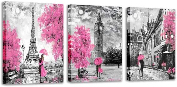 Black and White Wall Art Girls Pink Paris Theme Canvas Prints Eiffel Tower Wall Paintings London Big Ben Pictures for Bedroom Living Room Bathroo