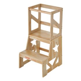 VEVOR Toddler Step Stool, Natural Pine Wood Kids Kitchen Stool Helper with Safety Rail