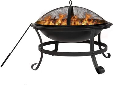 Bosonshop 22'' Outdoor Wood Burning BBQ Grill Firepit Bowl w/Spark Round Mesh Spark Screen Cover Fire Poker Patio Steel Fire Pit Bonfire for Back