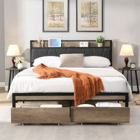 FULL Size Metal Platform Bed Frame with upholstery storage function Headboard and USB LINER and Footboard with drawers , No Box Spring Needed