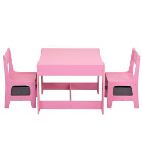 3-in-1 Kids Wood Table and 2 Chairs, Children Activity Table Set with Storage, Blackboard, Double-Sided Table for Drawing (Color: pink+gray)