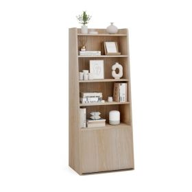 6-Tier Bookcase Freestanding Ladder Bookshelf with 2 Adjustable Shelves and Flip Up Door (Color: Natural)