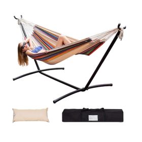 Double Hammock with Space Saving Steel Stand Includes Portable Carrying Case and Head Pillow, 450 Pounds Capacity (Color: Light Rainbow Stripes)