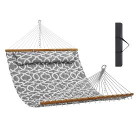 VEVOR Double Quilted Fabric Hammock, 12 FT Double Hammock with Hardwood Spreader Bars (Color: Grey White, Type of Support: Without Bracket)