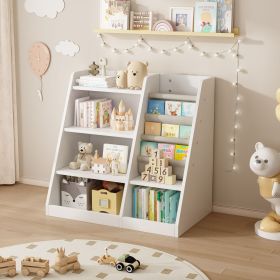 Wooden Toy Storage Organizer Cabinet Kids Bookshelf Children Bookcase Toddler Baby Sling Book Rack Adjustable Shelf for Playroom Bedroom Nursery (Material: MDF, Color: White)